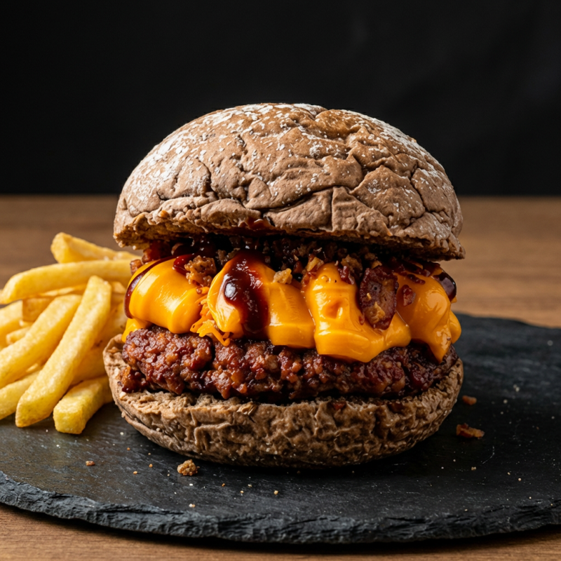 Para os amantes de cheddar! Pão australiano selado, blend 110g, cheddar cremoso, cebola caramelizada, bacon triturado e barbecue