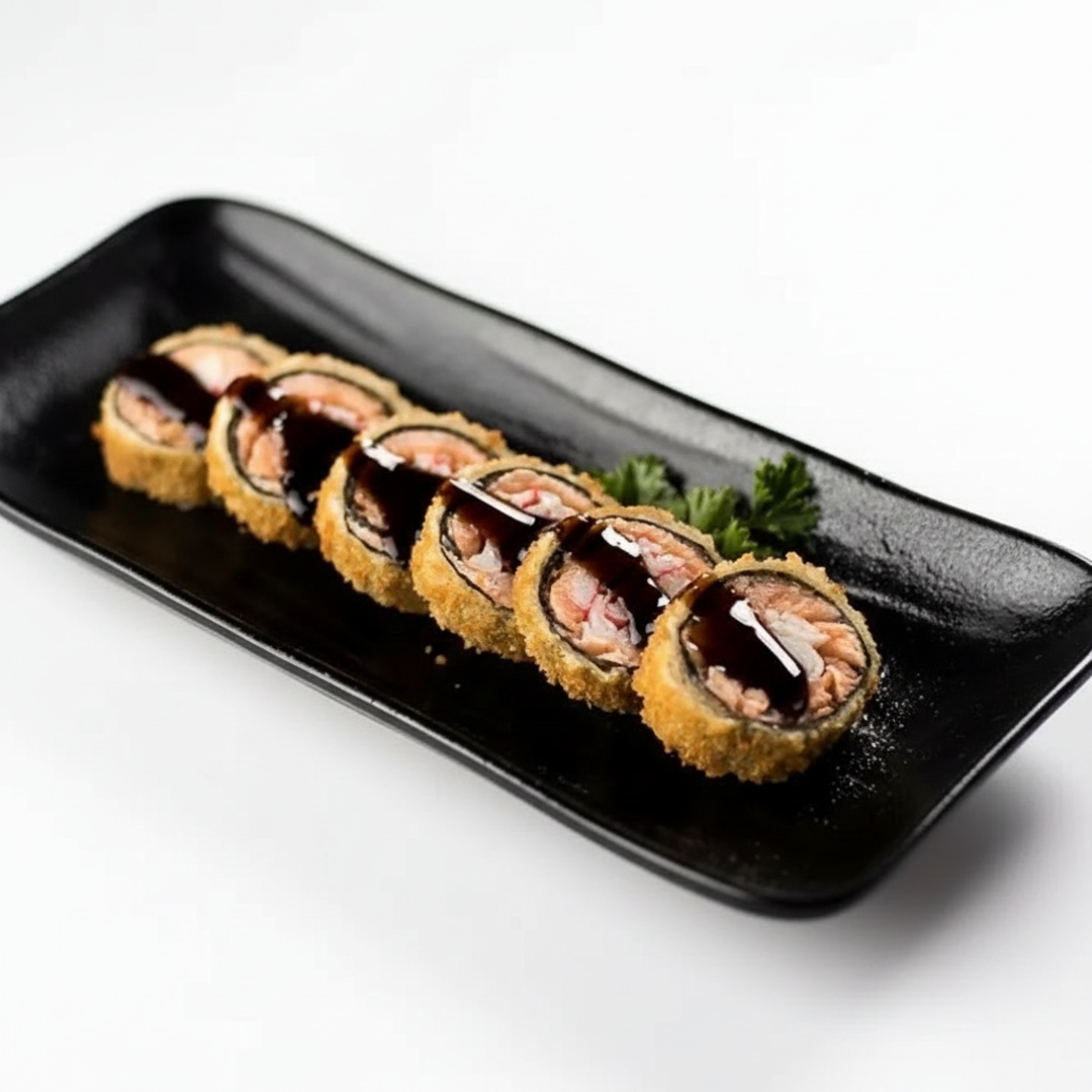 Rolo de sushi com recheio de Filé de Salmão e cream Cheese e arroz, empanado e frito por fora.