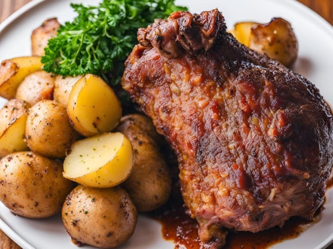 Especialidade da casa! Joelho de porco, defumado artesanalmente com casca pururucada e carne extremamente macia desmanchando. Acompanha batatas temperadas e farofinha crocante (30g).