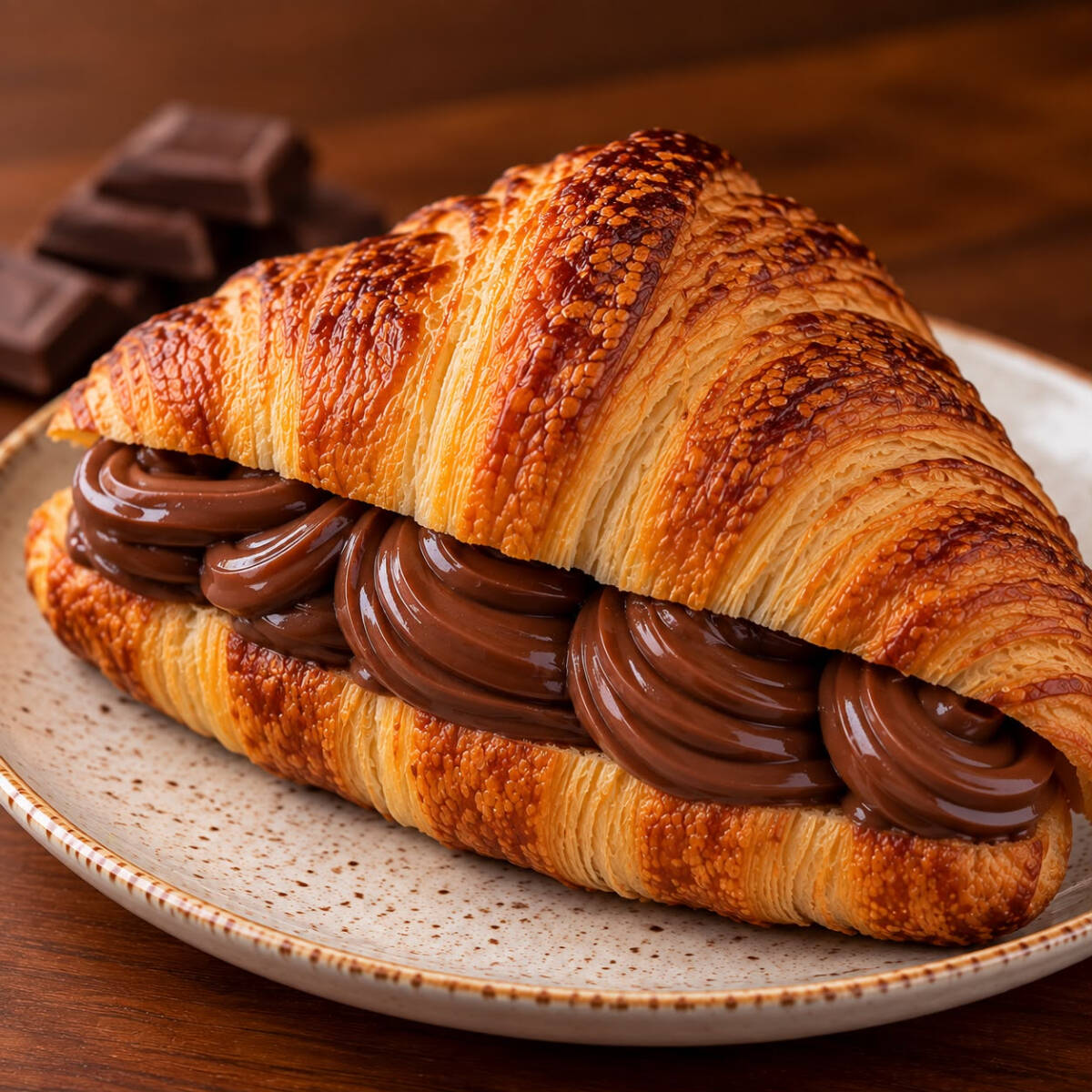 Croissant amanteigado recheado com chocolate cremoso derretido.