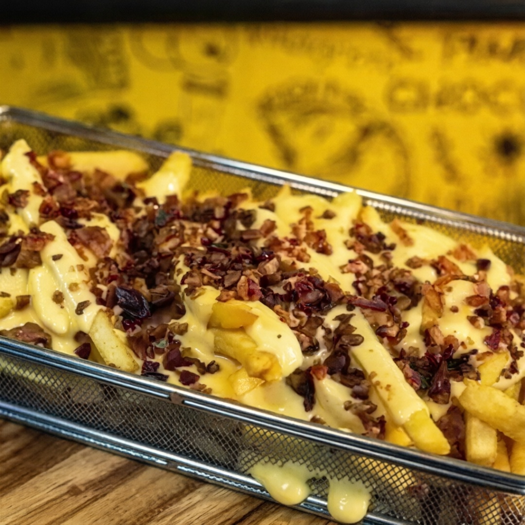 Batata com Creme de Queijo Artesanal e Farofa de Bacon.