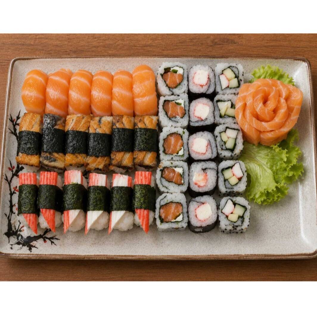 5 Sushi Salmão, 5 Sushi Skin, 5 Sushi kani, 5 Uramaki Califórnia, 5 Uramaki Filadélfia, 5 Maki Kani, 5 Sashimis de Salmão
