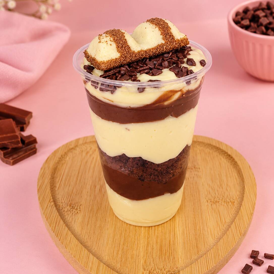 Copo da felicidade de Kinder Bueno 300ml - delicioso creme sabor Kinder Bueno com creme de avelã, brownie e bombom Kinder Bueno