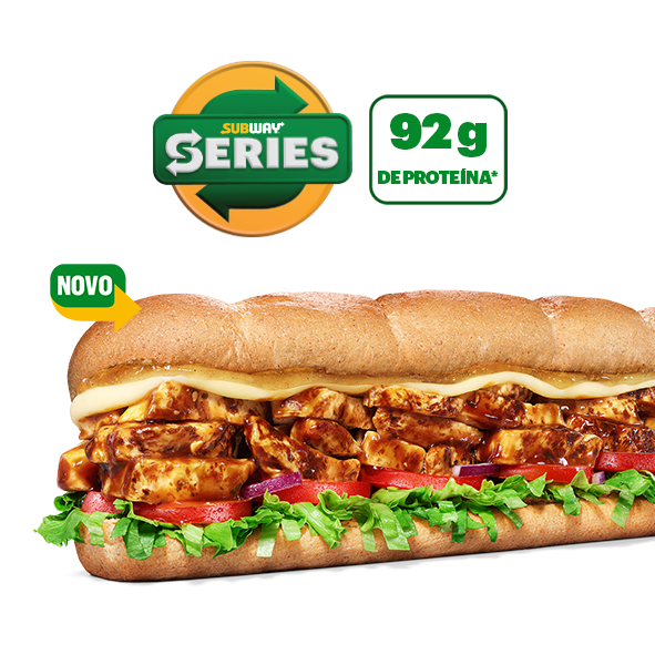 Pão 9 Grãos, Frango Teriyaki em dobro, Mussarela, Alface, Tomate, Cebola Roxa, Molho Cebola Agridoce.