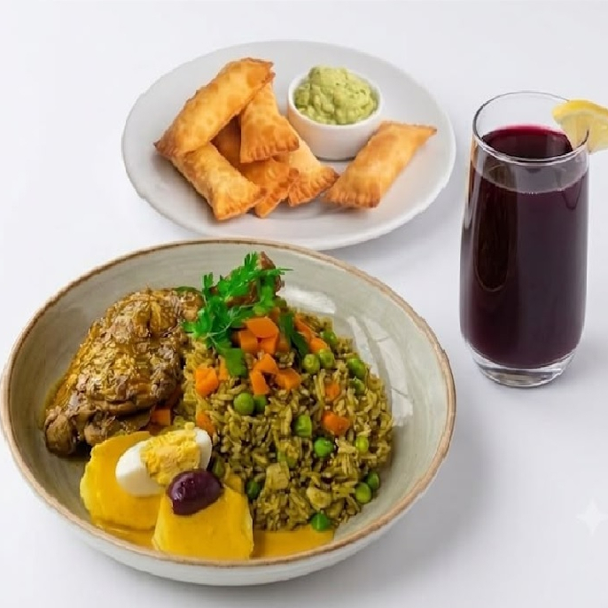 Arroz con pollo con huancaina + tequeños + chicha