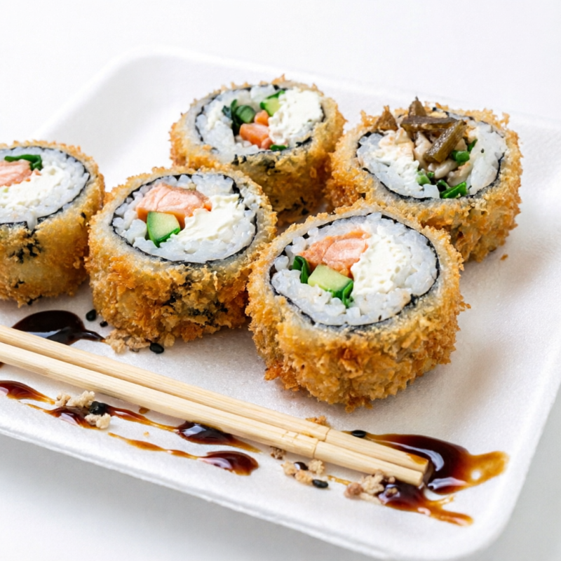 Skin (pele de salmão),creme cheese,arroz japonês ,empanado e frito inclui hashi,teriaki e shoyu