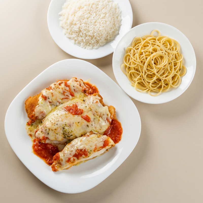 Arroz, macarrão alho e oleo, file de frango empanado coberto com molho de tomate e queijo