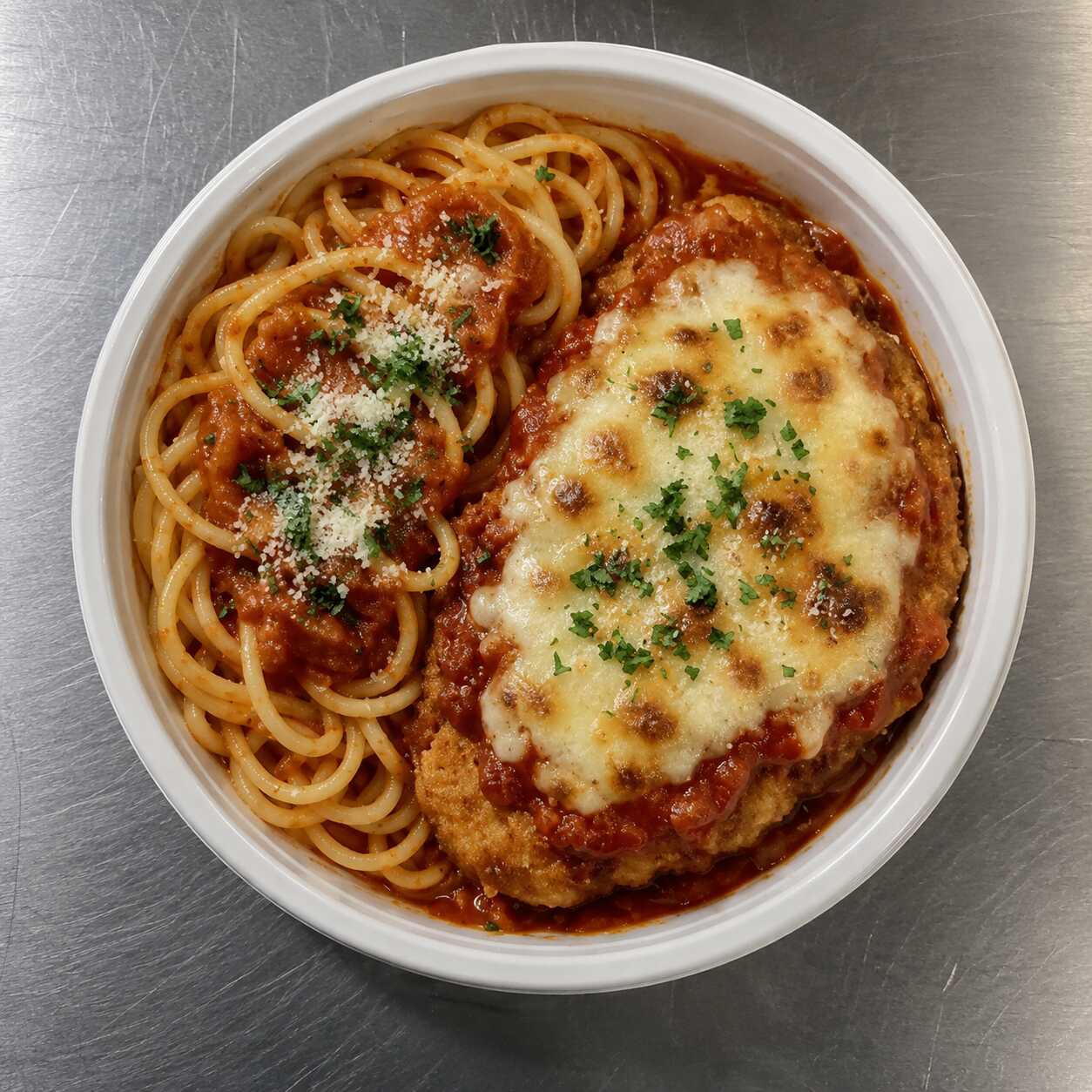 Marmita de A parmegiana de Frango com Macarrão ao Molho