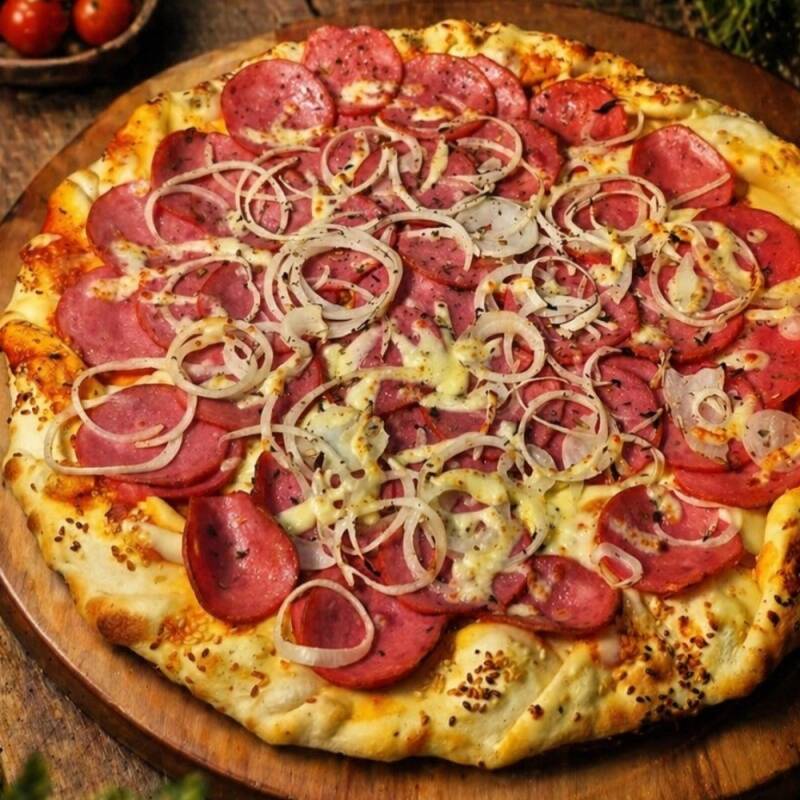 COMBO DE PIZZA DE CALABRESA - GRANDE(8 FATIAS), MASSA FINA, QUEIJO MUSSARELA ESPECIAL ARGENTINO, MOLHO DE TOMATE, BORDAS SALTEADAS NA MANTEGA E FINALIZADAS COM ORÉGANO E GERGELIM.+ 1 GUARANÁ ANTARTICA DE 1 LITRO.