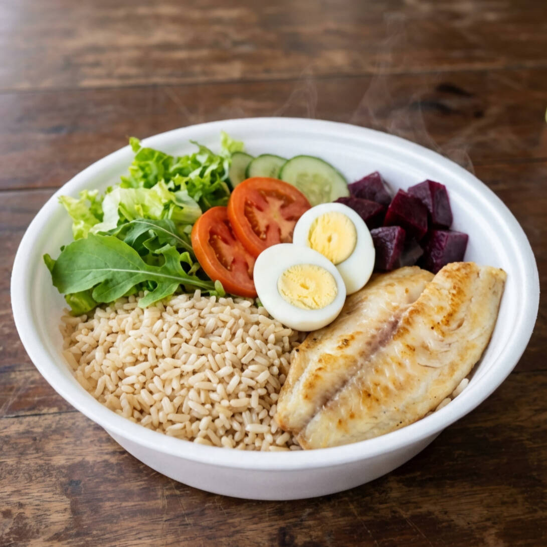Filé de tilápia grelhado, leve e suculento! Acompanha arroz integral, folhas verdes frescas, pepino com tomate, beterraba ralada e salada de macarrão.