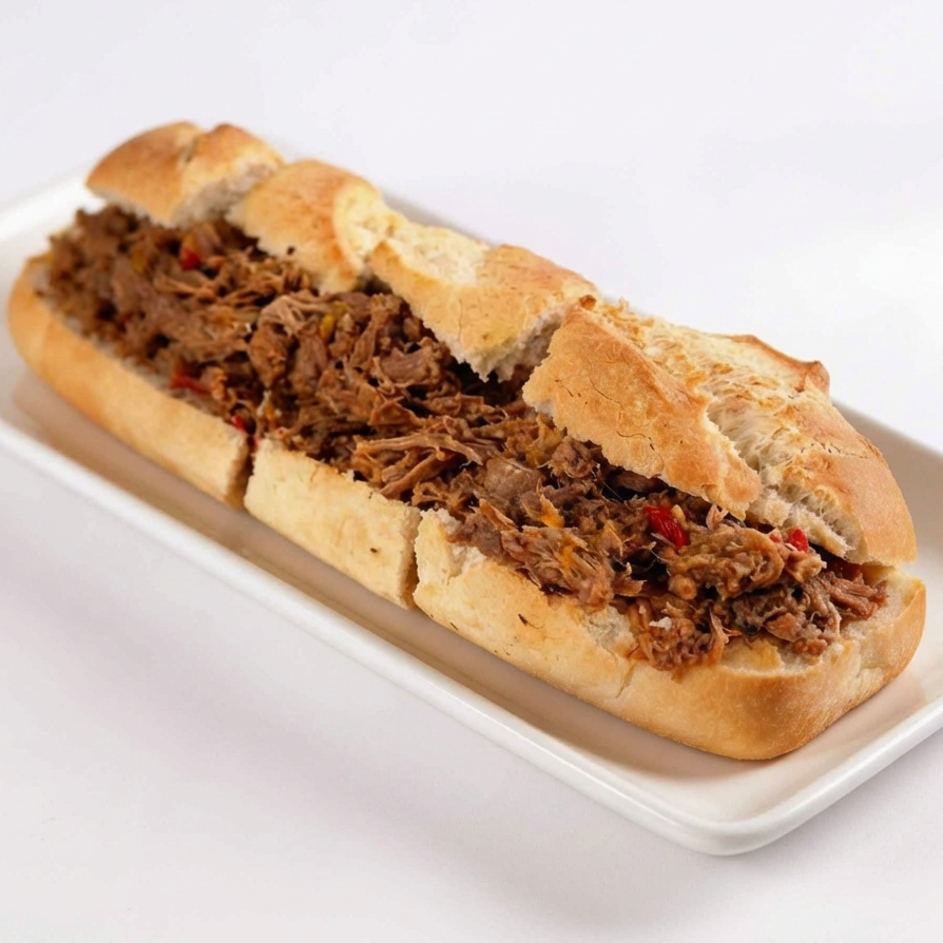 Carne Louca desfiada, com tempero na medida para acompanhar baguetinha de parmesão fresquinho.