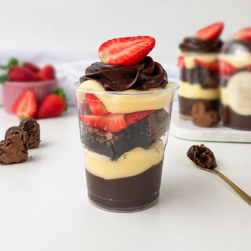 Delicioso copo feito com creme de Ninho, brownie bem chocolatudo, brigadeiro 50% cacau e morangos fresquinhos selecionados. Copo de 200ml.