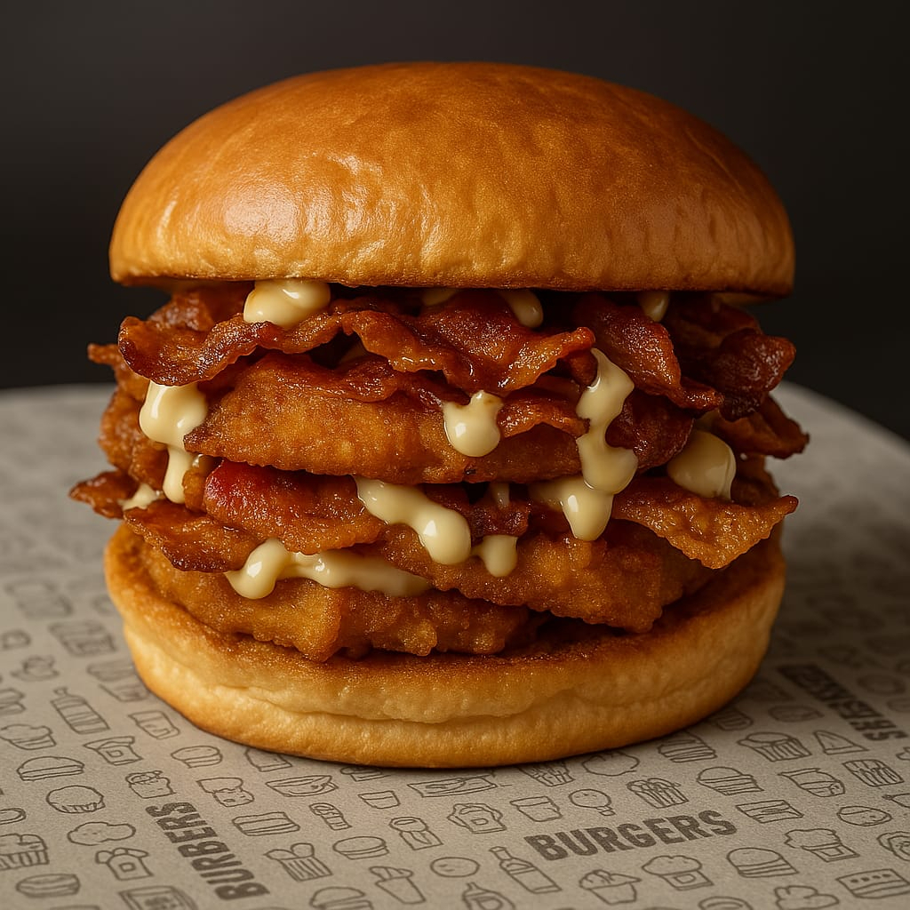 Pão, 02 filé de frango empanado, dupla camada de requeijão cremoso, dupla camada de bacon fatiado, cebola caramelizada e maionese.