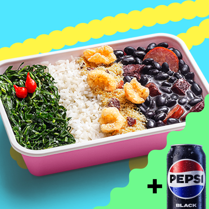 Feijoada Mita, com aquela farofinha de bacon especial e arroz branco bem soltinho. Também acompanha couve refogada, pimenta-biquinho e pururuca. Sabe aquela feijoada com gostinho de casa?  Acompanha 1 Refrigerante Lata. Só vem!