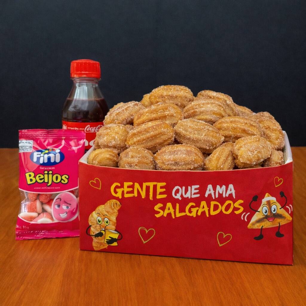 Contém 15 Mini Churros Crocantes + Refri (200 ml). Salgados fritos na hora em óleo de algodão e entregues quentinhos, com o padrão de qualidade Lari Salgados. Perfeitos para matar sua fome!
