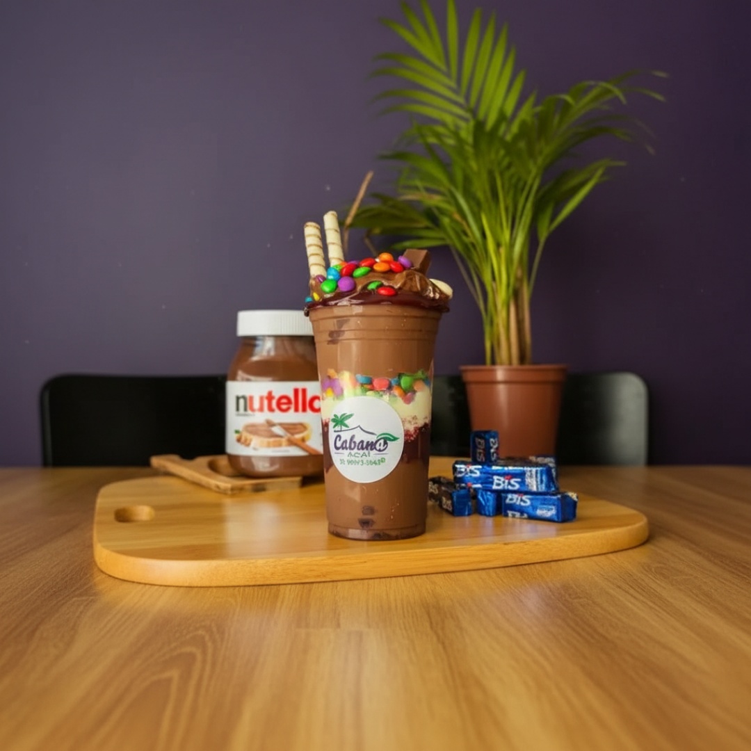 Opção feita pra criançada, composta por um delicioso creme de açaí, Nutella (autêntica), Canudo Biju, Bis preto, Confete, banana e leite em pó legítimo.