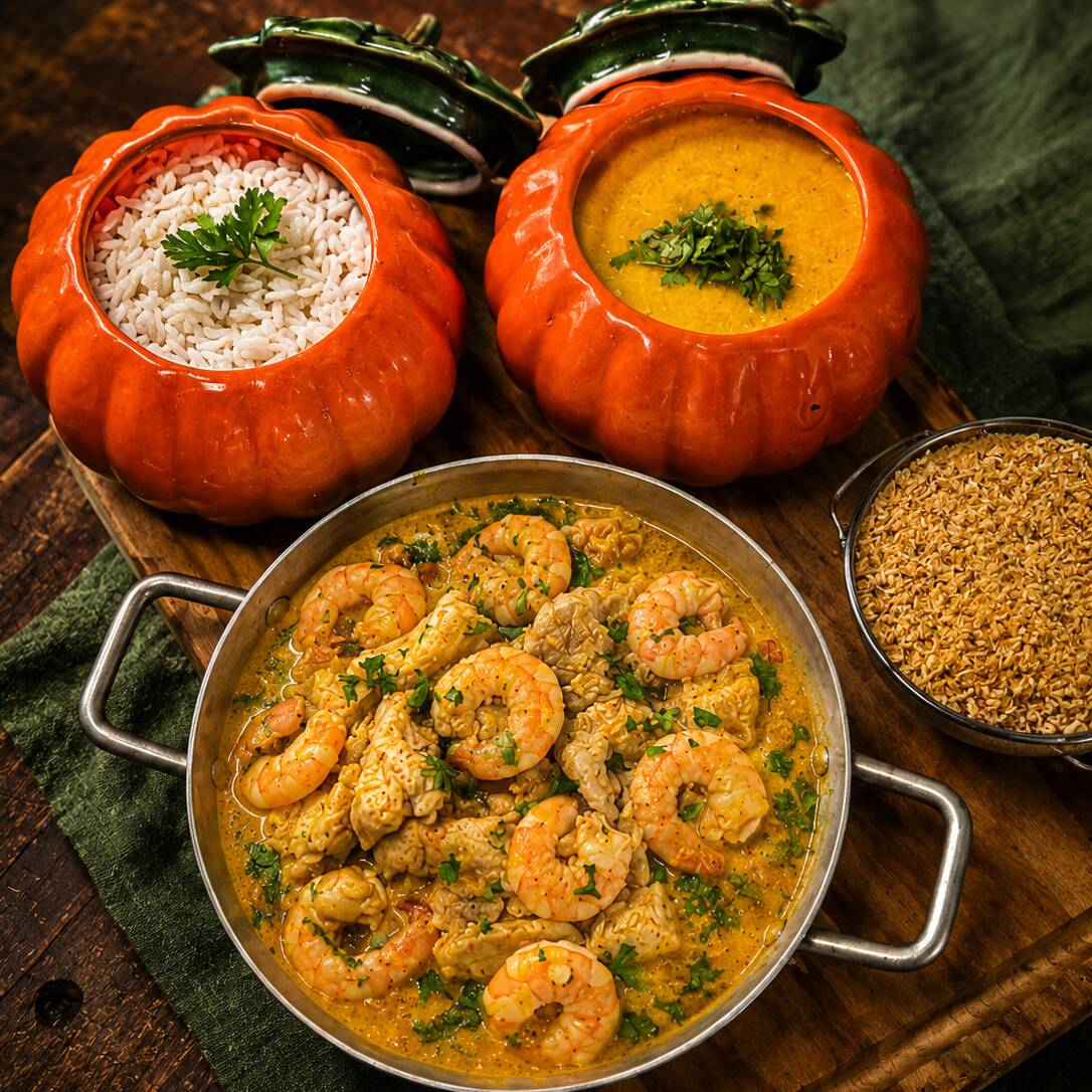 Moqueca de Peixe com Camarão P/2 pessoas, acompanha arroz, farofa e pirão.