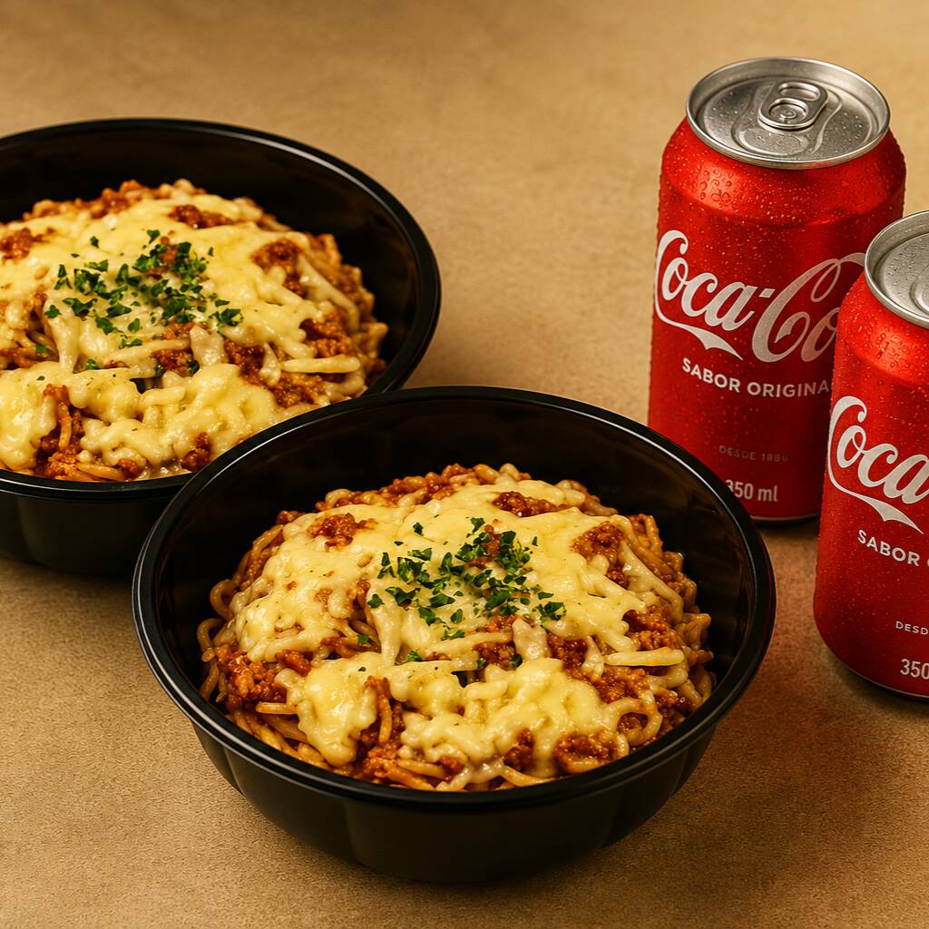 Dois deliciosos Macarrões à Bolonhesa, preparados com carne moída, nosso molho de tomate artesanal e queijo derretido, acompanhados de duas Coca-Colas geladas. O combo perfeito para compartilhar um clássico cheio de sabor.
2 Macarrão à Bolonhesa 550g cada
2 Coca Cola 350ml
Peso aproximado do prato pronto: 1,1gr