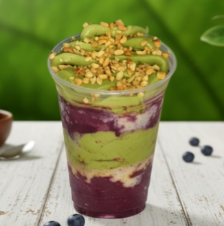 Açai Polpa norte, leite condensado, creme premium de pistache (com pedaços da semente), creme de chocolate branco e amendoim.