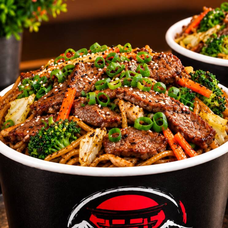Yakisoba Filé Junior com 50 gramas de file. com Macarrão alfa, cebola, cenoura, brocolis e repolho. temperado com molho da casa a base de shoyo.