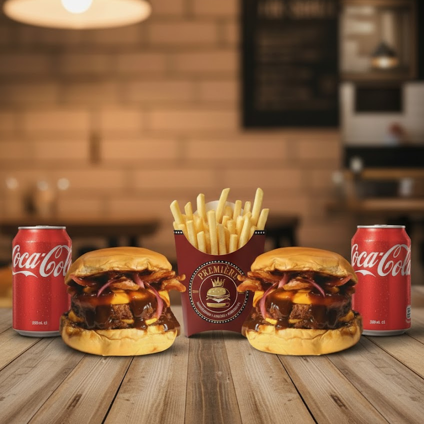 Contém 2 deliciosos sanduíches Barbecue Explosion com Pão Brioche, Bacon, 2 Hambúrgueres Artesanais de 100g, Picles de Cebola Roxa e Barbecue, além de 2 latas de refrigerante a sua escolha e uma Batata Média