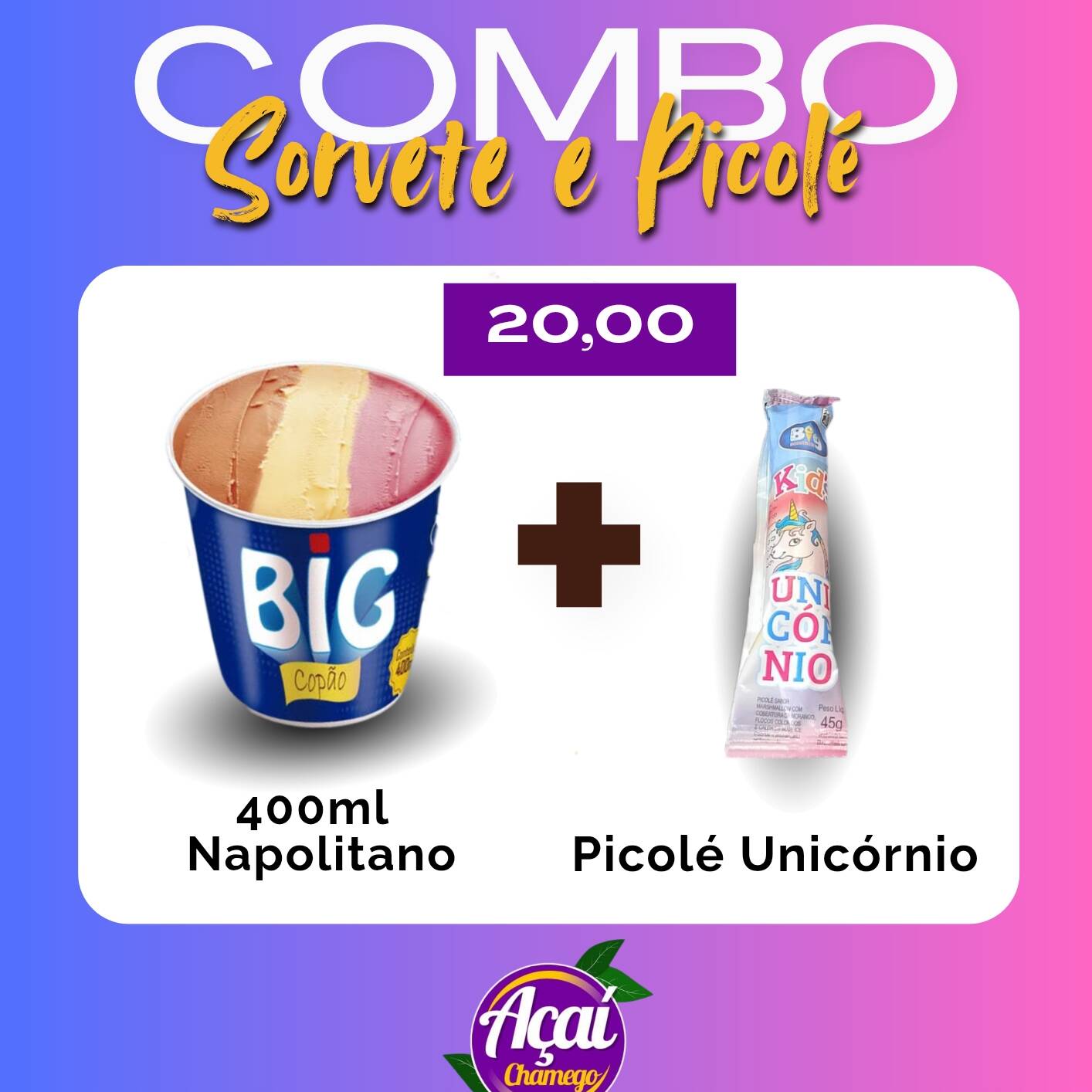 Sorvete Copão Napolitano + Picolé Unicórnio sabor Marshmallow.