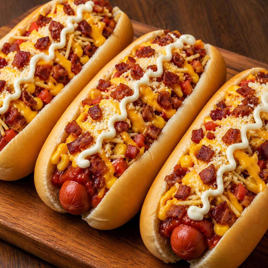 Pão fofinho, molho vermelho quentinho, queijo mussarela, 1 salsicha (VINA) Perdigão, milho, tomate picadinho, batata palha, cheddar cremoso e muito bacon crocante