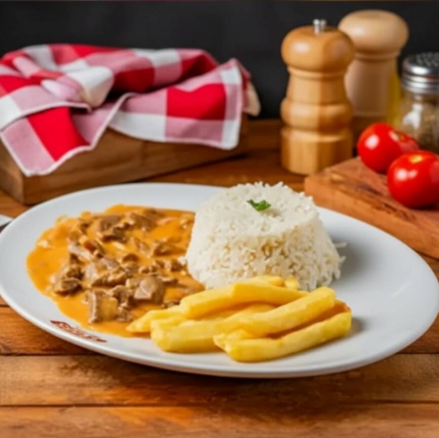 Arroz, batata frita e strogonoff de carne
