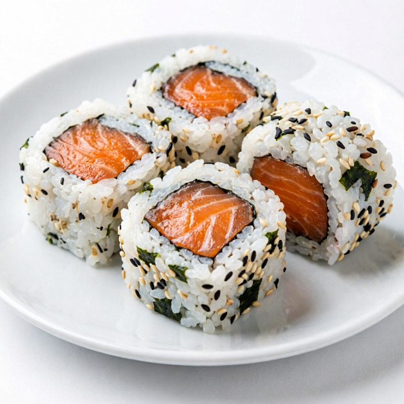 Alga, arroz japonês, gergelim. Recheio: salmão fresco.