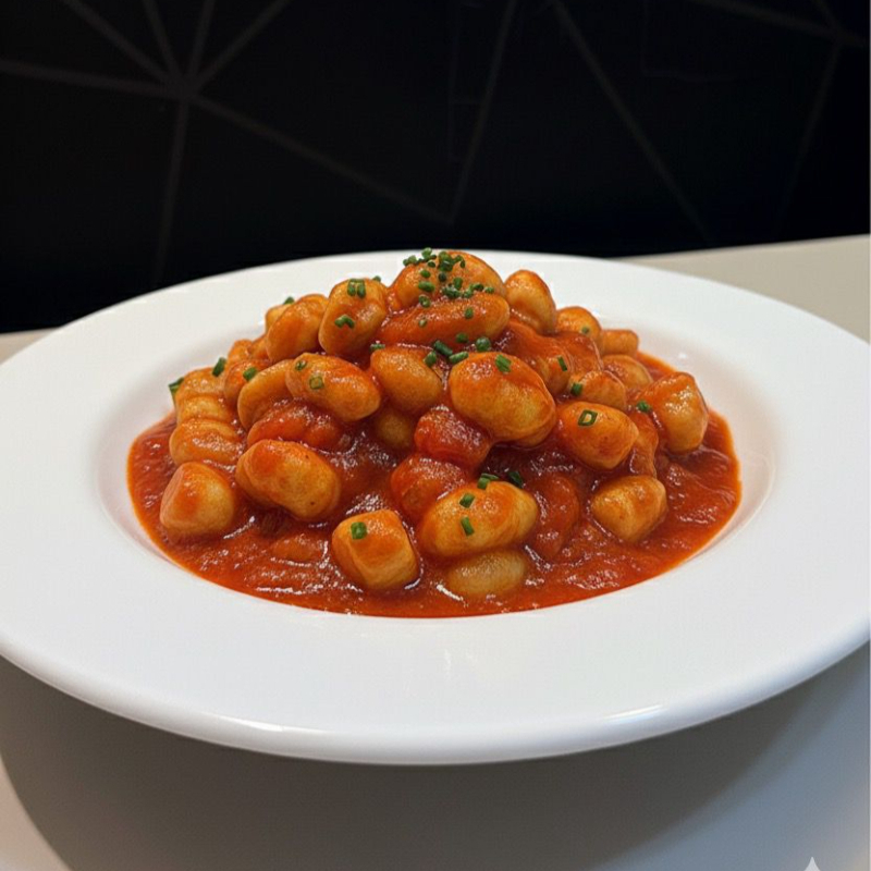 Gnocchi al molho pomodoro caseiro, preparado com especiarias, finalizado com manjericão.