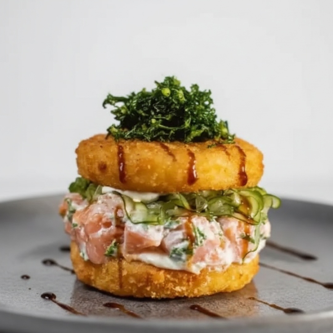 Delicioso hambúrguer de salmão, sunomono (pepino japones agridoce), cebola roxa, cream cheese, tarê e um pão crocante feito com arroz japonês empanado. *Acompanha molho shoyu e tarê (Quantidade proporcional aos produtos adquiridos).
