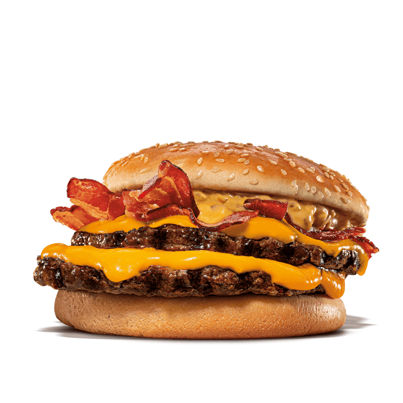 Um hambúrguer com duas carnes bovinas grelhadas de 113g, pão com gergelim, cheddar cremoso, fatias de bacon crocante e o exclusivo molho bk stacker.