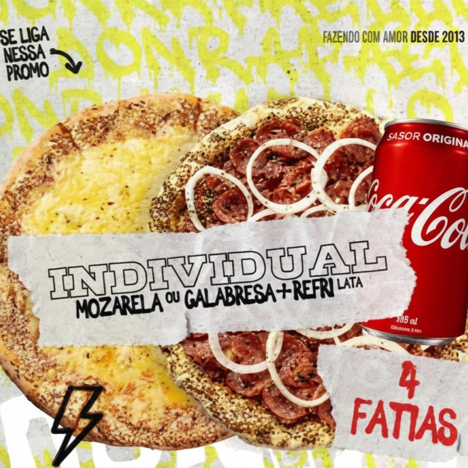 Pizza Individual (4 fatias) no sabor Mozarela ou Calabresa + Coca-Cola Lata