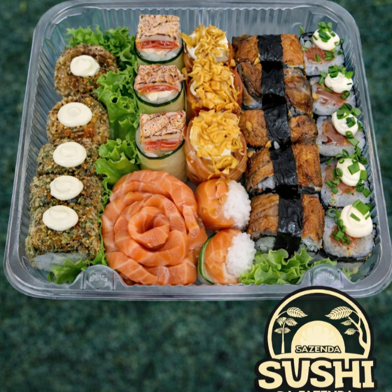 5 sushi skin
5 Hossomaki salmão cream cheese e cebolinha
3 joe salmão cream chesse e doritos
3 joe Pepino Cream chesse e salmão maçaricado
2 rigawari
5 sashimi simples
5 Hots
Acompanha 4 shoyu 1 tare mitswa 1 hashi