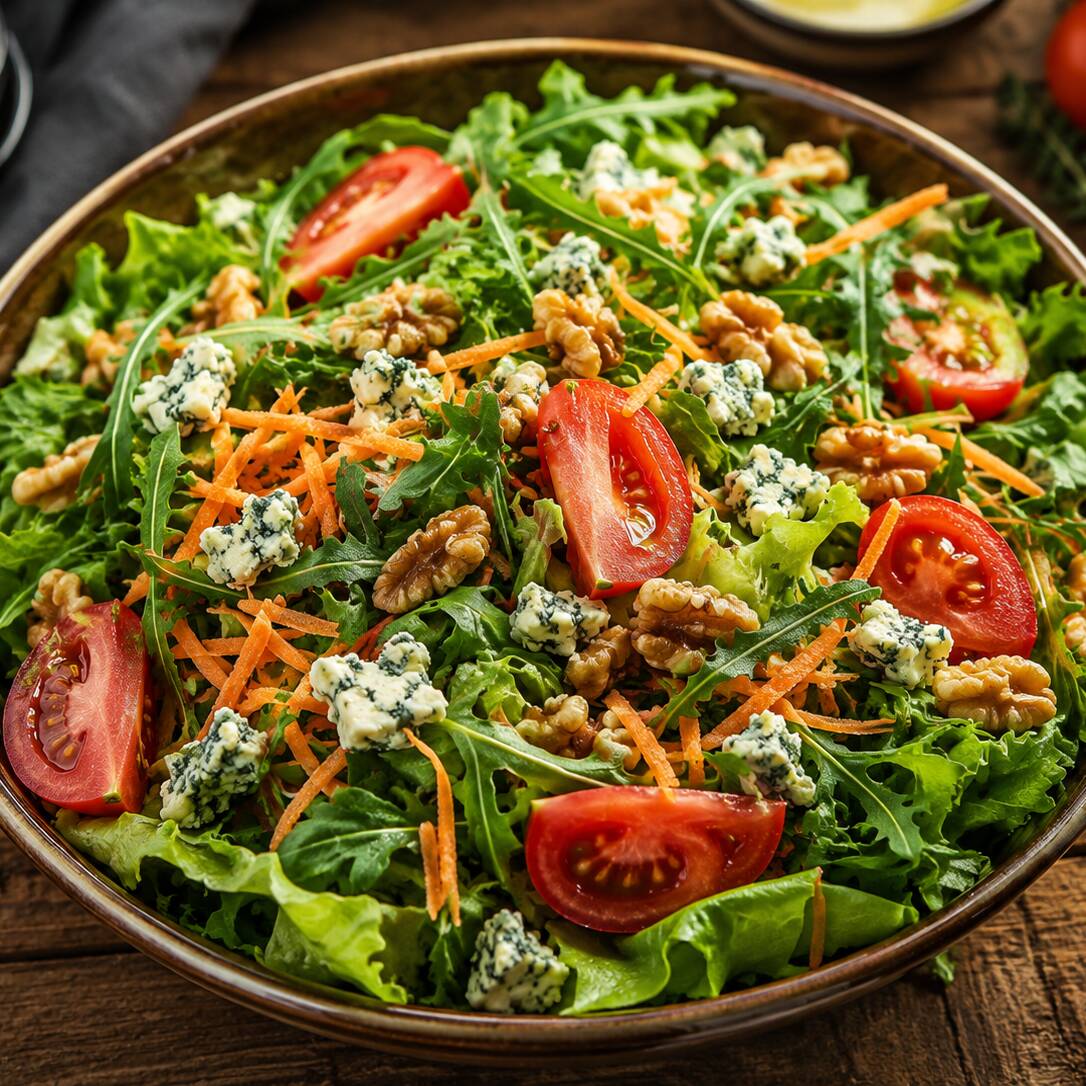 Uma combinação elegante de ingredientes frescos e selecionados. Folhas crocantes de alface e rúcula recebem tomates frescos e cenoura ralada, criando uma base leve e cheia de sabor. O toque marcante do gorgonzola harmoniza perfeitamente com a crocância das nozes, proporcionando uma experiência única a cada garfada. Uma salada equilibrada, refinada e irresistível para quem busca frescor, textura e muito sabor.