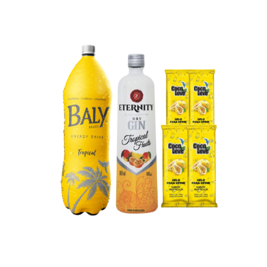 Combo de Gin Eternity Tropical - 4 Gelos de Maracujá + 1 Energético Baly 2L Tropical - 4 Copos