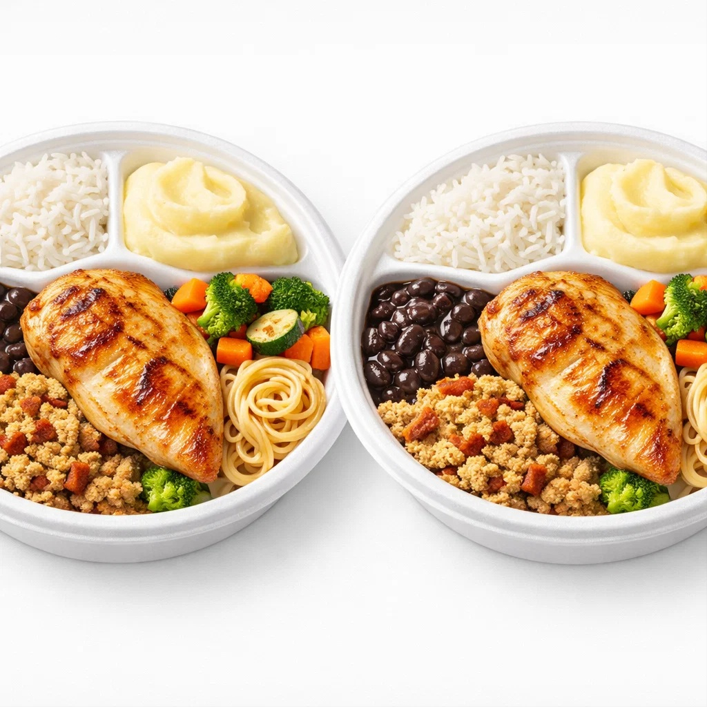 2 Marmitex P completa. Arroz soltinho,feijao preto caldo grosso ,pure de batata cremosa,macarrao alho e oleo e uma deliciosa farofa com bacon.