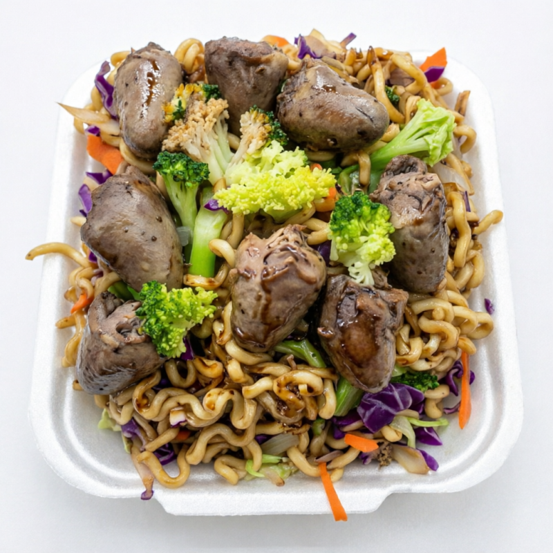 Yakisoba de Coração de Frango Uma deliciosa combinação de coração de frango salteado com uma seleção vibrante de legumes, incluindo cebola, cenoura, repolho verde e repolho roxo. O macarrão é cozido al dente e envolvido em um molho à base de shoyu, resultando em um prato saboroso e colorido, que certamente conquistará seu paladar!
