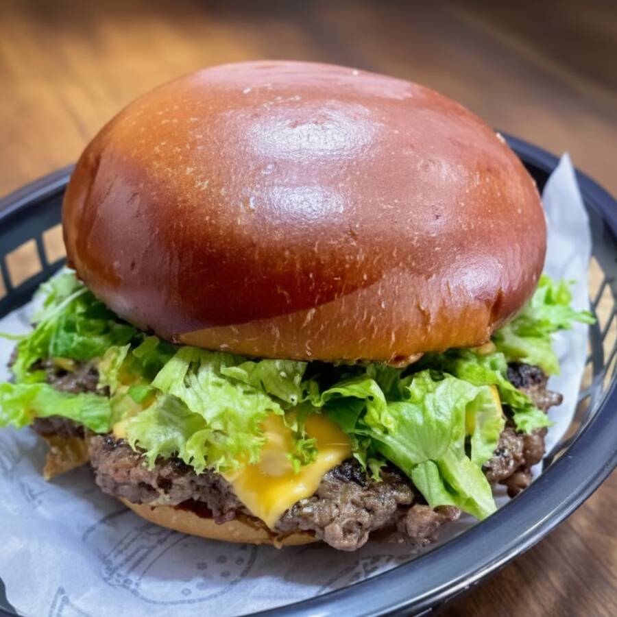 Hambúrguer Artesanal de 150g, 2 fatias de Queijo, maionese da casa bem temperada, alface e tomate fresco no pão de Brioche selado.