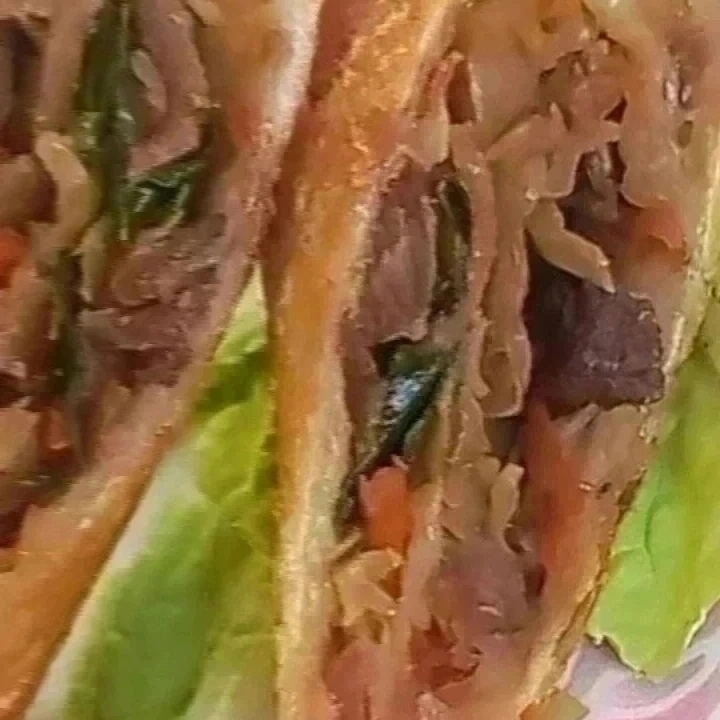 Massa perfeita crocante, carne, e legume desfiado Repolho, cenoura, e molho do chef