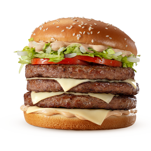 Composto por três hambúrgueres de carne 100% bovina, o icônico molho tasty, queijo processado sabor emental, tomate, alface, cebola, tudo isso no pão com gergelim.
