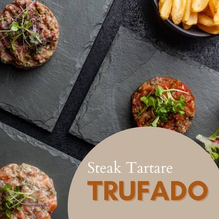 Confit de tomate, alcaparra, picles, cebola roxa, molho especial (240g) - Carne fresca, alcaparra, picles, cebola roxa, azeite de trufas e molho especial (240g) - Salmão, picles, cebola roxa, cebolette e queijo tipo fromage blanc (240g)