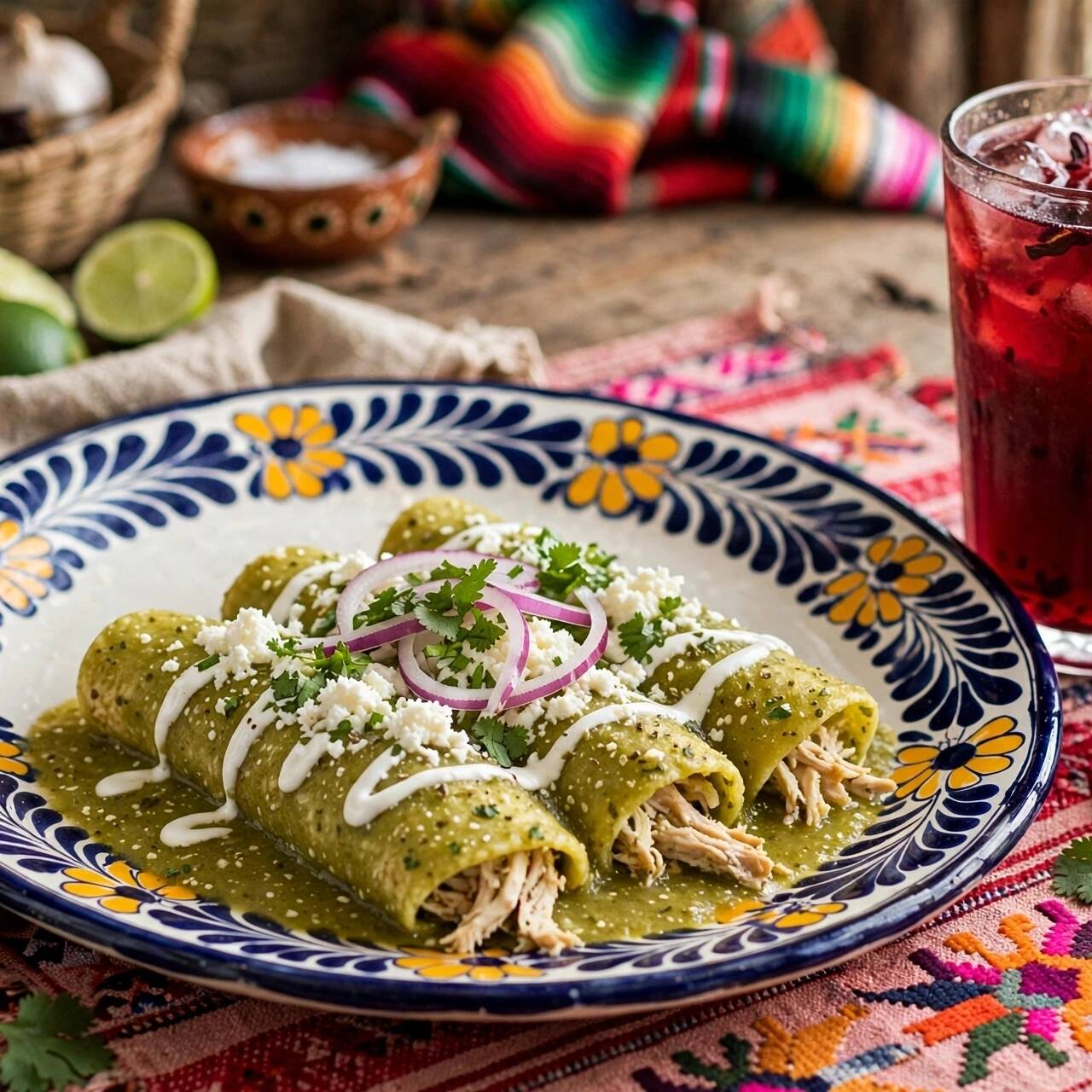 ENCHILADAS VERDES Y AGUA DE JAMAICA