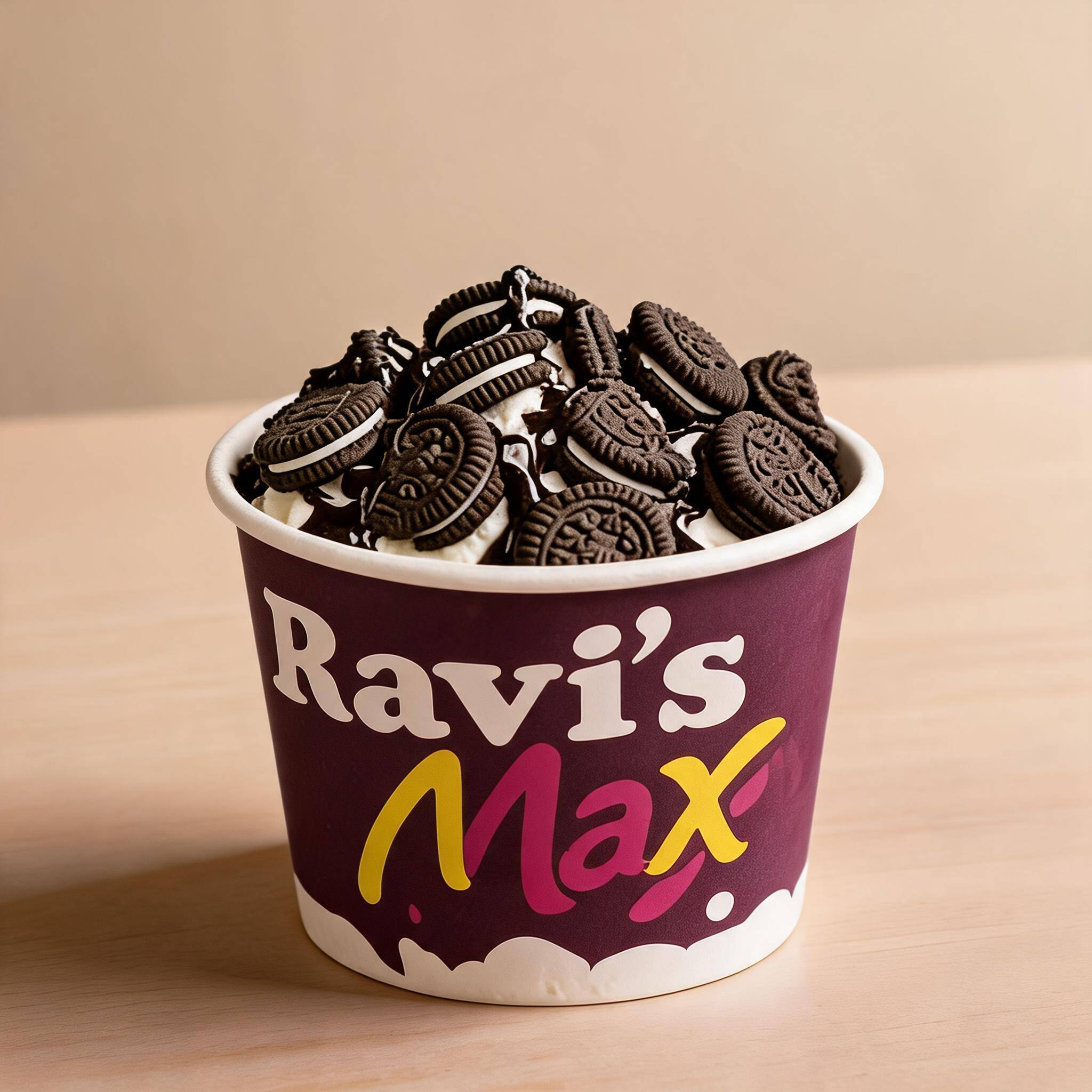 Sorvete de baunilha com uma calda deliciosa e recheio de Mini Oreo que dar água na boca.