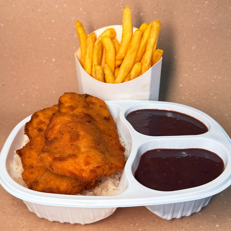 2x Frango Á Milanesa + 2x Refri 200ml. acompanha 2 filés de frango á milanesa, arroz, feijão e batata frita + refri 200ml
