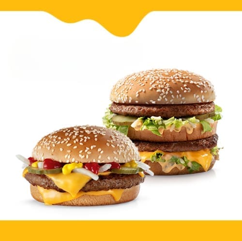 Nesta promoção você leva 2 sanduíches com desconto. Escolha 2 (dois) sanduíches entre as opções: Big Mac, Quarterão com Queijo, McChicken, McChicken Bacon, Duplo Burger Bacon ou Duplo Burger com Queijo. Imagem Meramente Ilustrativa
