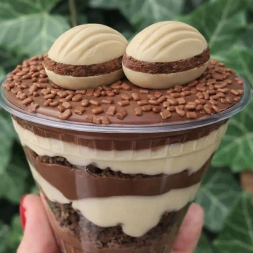 Camadas generosas de brownie super molhadinho, creme branco aveludado e creme de chocolate bem cremoso, finalizado com granulado crocante e uma deliciosa Amandita por cima para dar aquele toque especial e sofisticado.