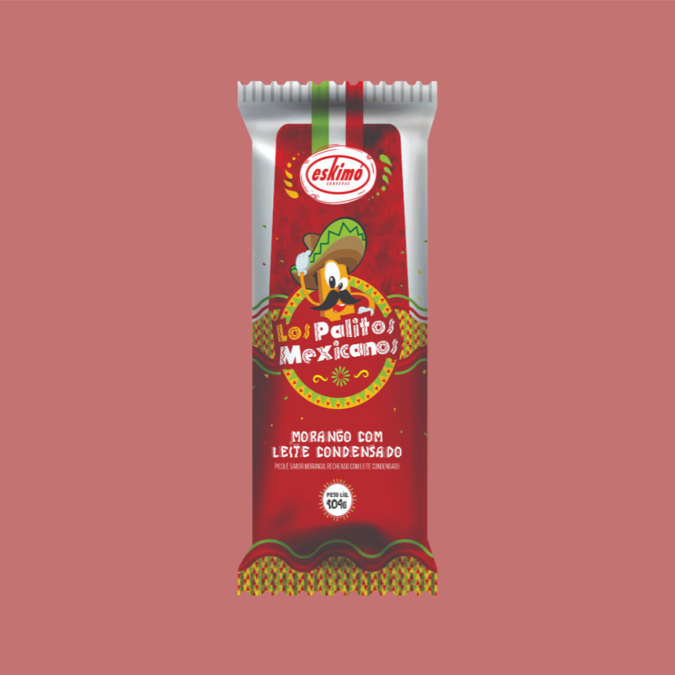 Picolé de Morango, recheado com leite condensado. Contém aromatizante sintético. Idêntico ao natural. Peso 104g.