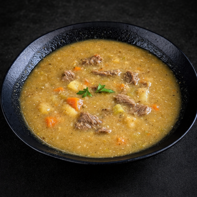 Sopa robusta com pedaços de carne macia e legumes variados, ideal para uma refeição completa.