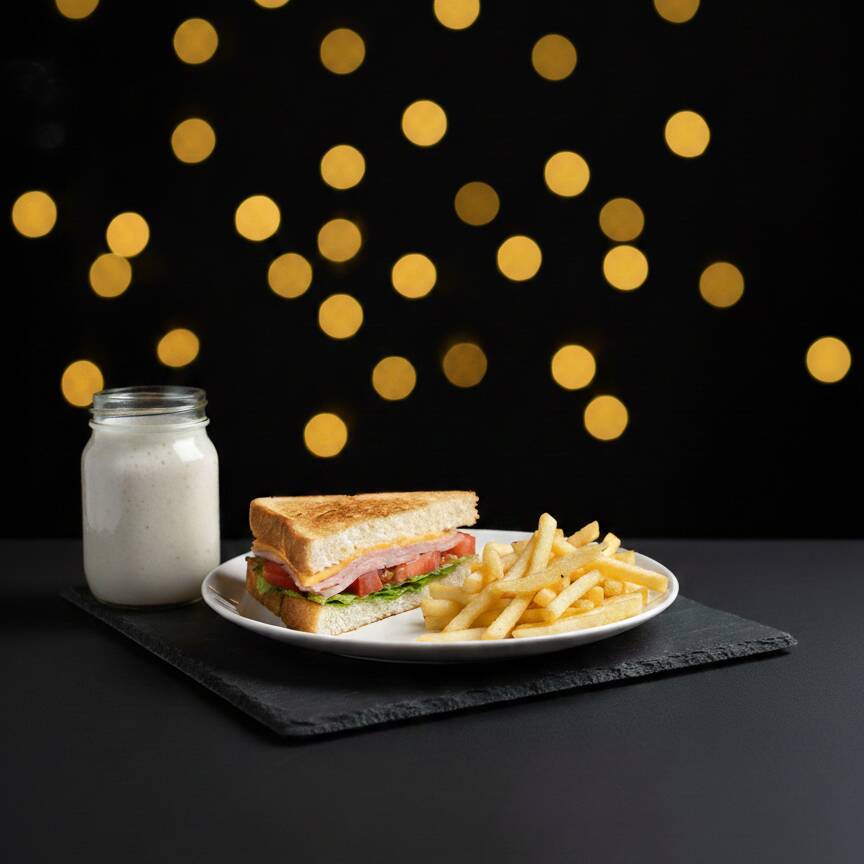 Sándwich de Jamón +Papas+1 L de Licuado de Plátano